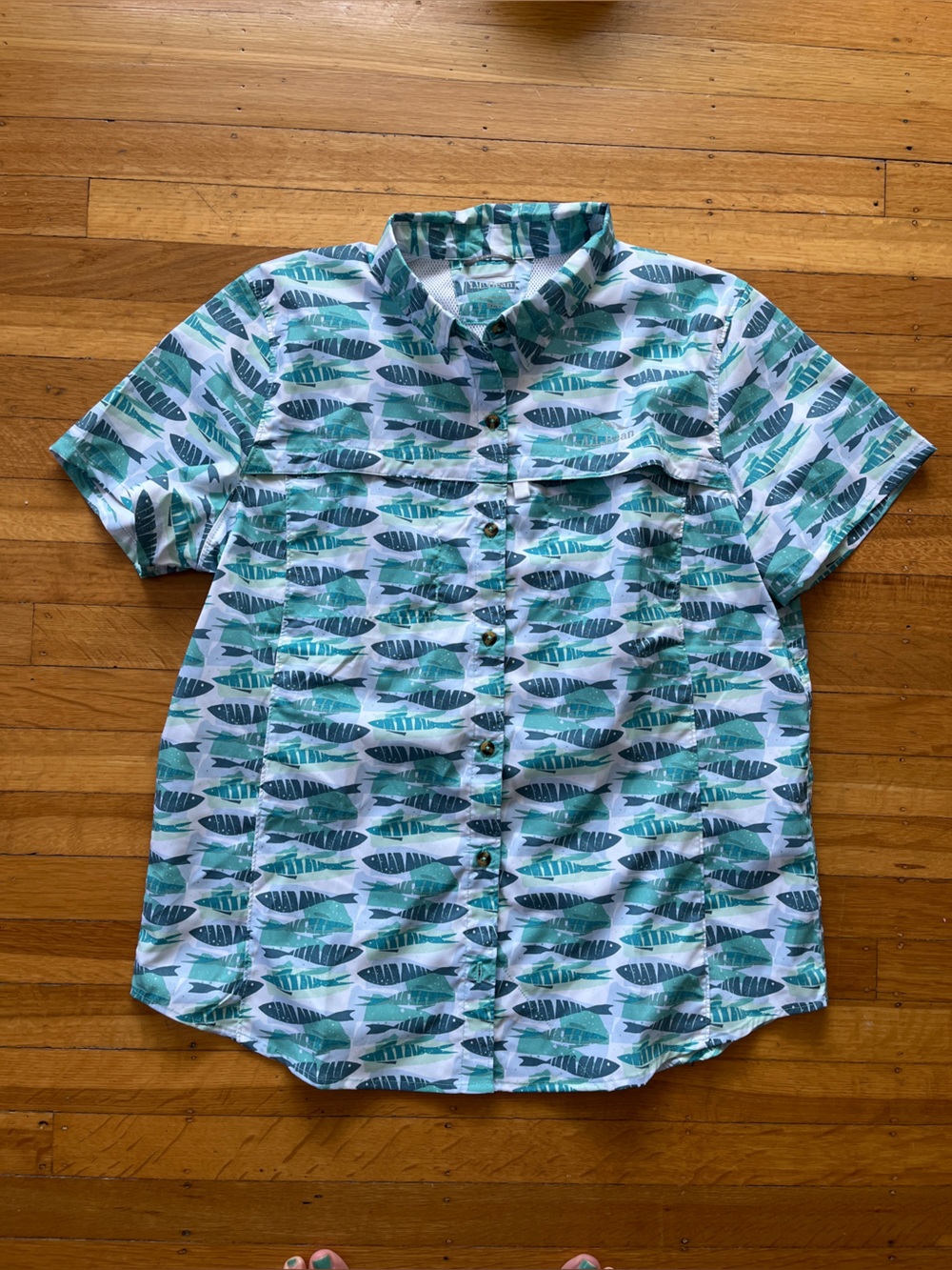 LL Bean vented fishing camp shirt aloha Hawaiian fish print L blue green white